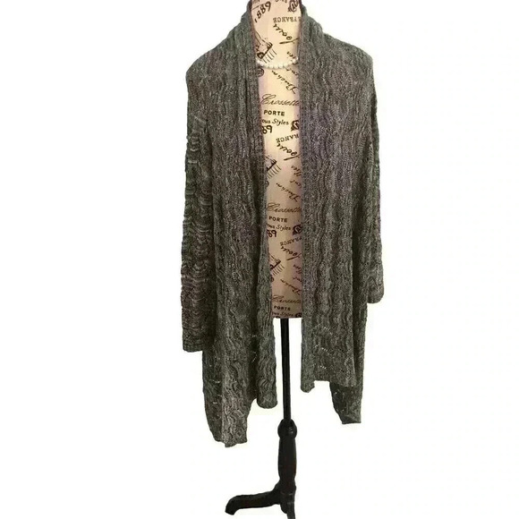 Chicos Size 2 Large Black Gray Marled Open Knit Open Front Sweater Draped US - Picture 1 of 5